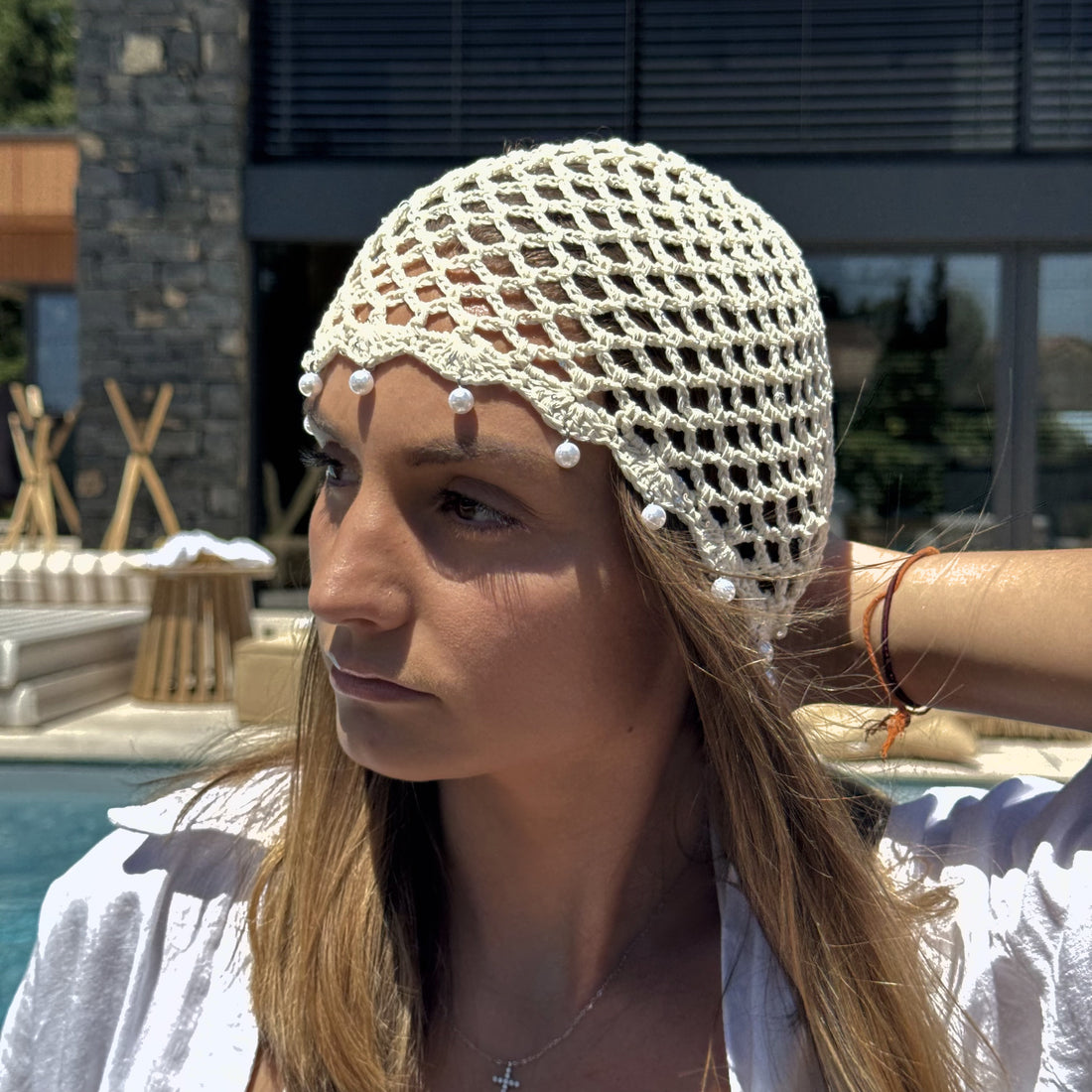 Bonnet crochet résille écru
