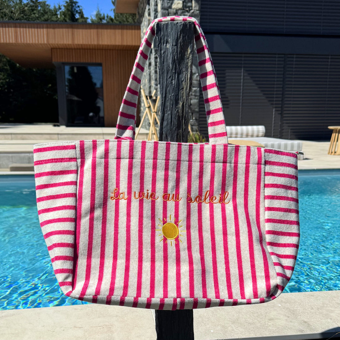 Sac de plage rayé – Rose ☀️